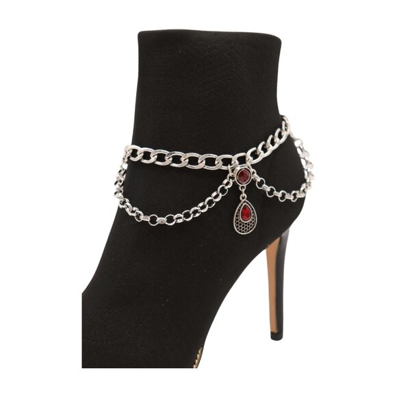 Women Silver Metal Boot Chain Bracelet Shoe Anklet Ethnic Drop Charm Red 2PCS - Picture 5 of 17
